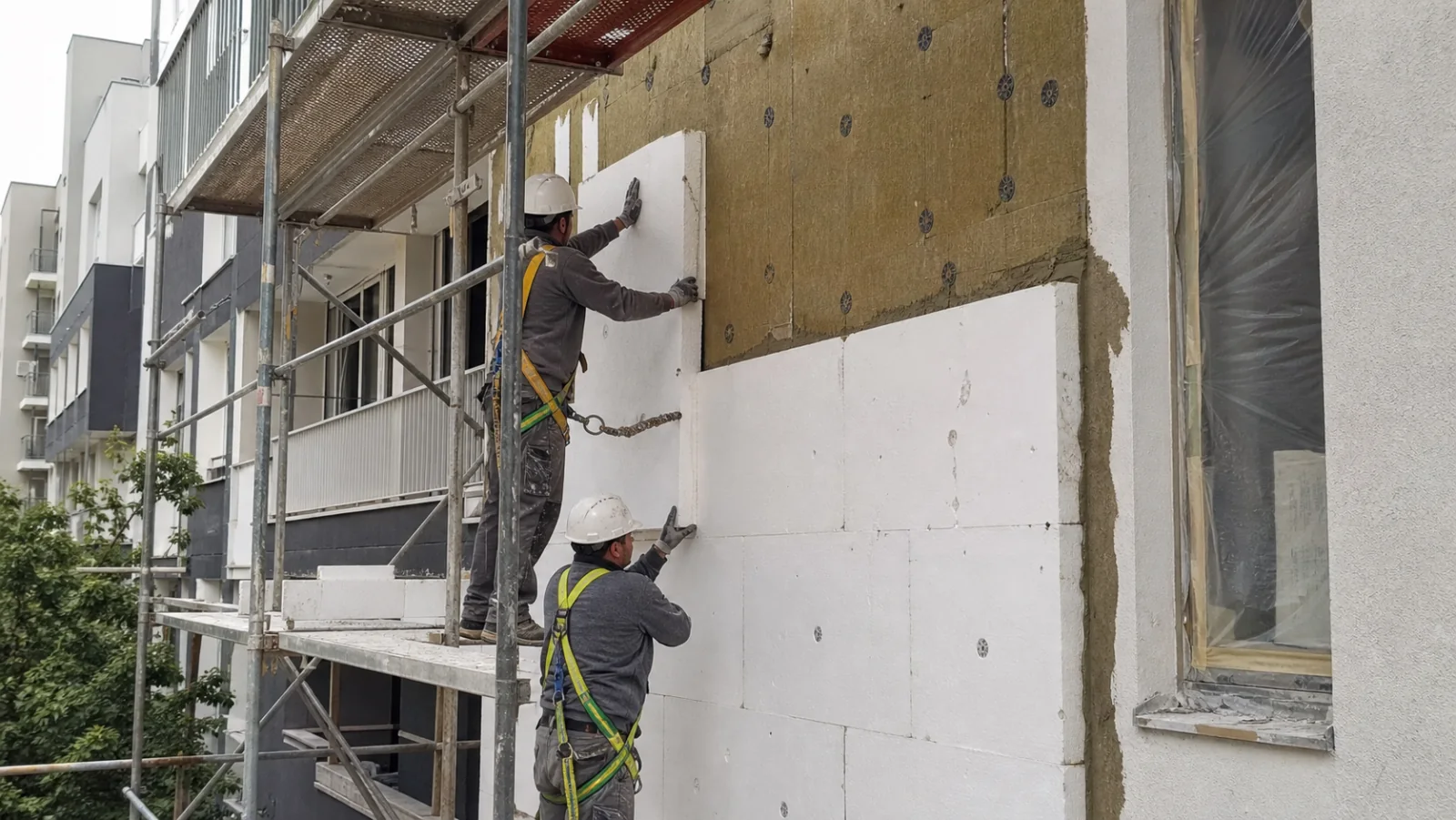 Operarios instalando paneles de aislamiento térmico SATE en la fachada de un edificio residencial
